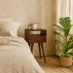 Wyld Haus Kood Mini Cherry Mango Wood Bedside Table - 1 Drawer, Open Shelf, Nordic Legs - thumbnail 1