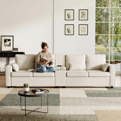 Abrihome 4-Seater Modern Sofa With Storage Console, Minimalist Style Couch With Side Pockets, Cup Holders, For Living Room, Office,beige - image 1