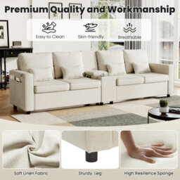 Abrihome 4-Seater Modern Sofa With Storage Console, Minimalist Style Couch With Side Pockets, Cup Holders, For Living Room, Office,beige - thumbnail 6