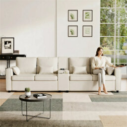 Abrihome 4-Seater Modern Sofa With Storage Console, Minimalist Style Couch With Side Pockets, Cup Holders, For Living Room, Office,beige - thumbnail 4