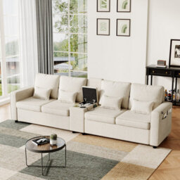 Abrihome 4-Seater Modern Sofa With Storage Console, Minimalist Style Couch With Side Pockets, Cup Holders, For Living Room, Office,beige - thumbnail 3