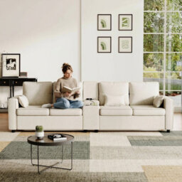 Abrihome 4-Seater Modern Sofa With Storage Console, Minimalist Style Couch With Side Pockets, Cup Holders, For Living Room, Office,beige - thumbnail 1