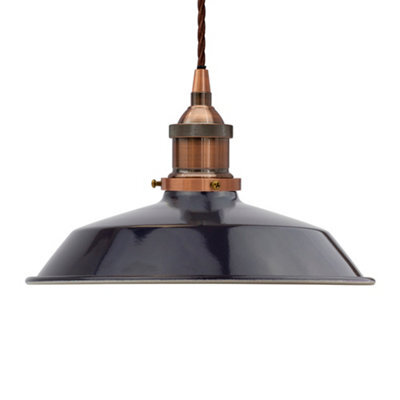 Navy Blue Small Trinity Metal Painted Dome Pendant Light With Antique Copper Lamp Holder And Brown Twisted Cable - Se Home - image 1