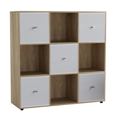 Urbn-Living 9 Cube Oak Wooden Bookcase Shelving Unit With 5 Collapsible Fabric Drawers White - image 1
