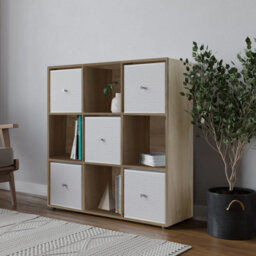Urbn-Living 9 Cube Oak Wooden Bookcase Shelving Unit With 5 Collapsible Fabric Drawers White - thumbnail 3