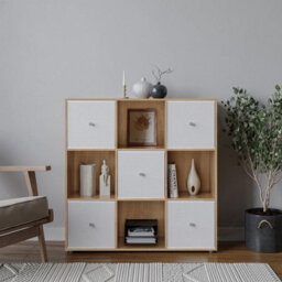 Urbn-Living 9 Cube Oak Wooden Bookcase Shelving Unit With 5 Collapsible Fabric Drawers White - thumbnail 2