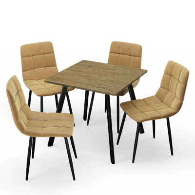 Urbn-Living Urbnliving 80Cm Rustic Oak Square Table With 4 Curly Yellow Velvet Chairs  - image 1