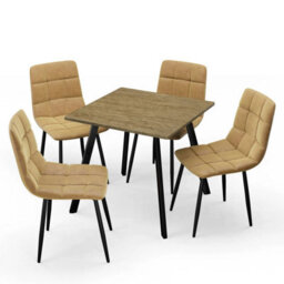 Urbn-Living Urbnliving 80Cm Rustic Oak Square Table With 4 Curly Yellow Velvet Chairs  - thumbnail 1