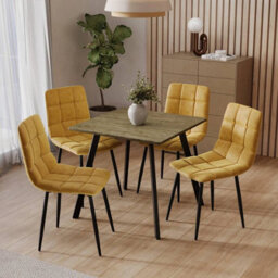 Urbn-Living Urbnliving 80Cm Rustic Oak Square Table With 4 Curly Yellow Velvet Chairs  - thumbnail 2