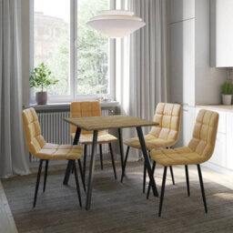 Urbn-Living Urbnliving 80Cm Rustic Oak Square Table With 4 Curly Yellow Velvet Chairs  - thumbnail 3