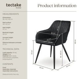 Tectake 1 Chair Marilyn - Velvet Look, Quilted, Continuous Backrest, Slim Steel Legs  - Black/black - thumbnail 6