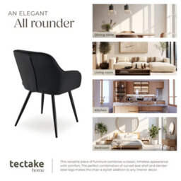 Tectake 1 Chair Marilyn - Velvet Look, Quilted, Continuous Backrest, Slim Steel Legs  - Black/black - thumbnail 7