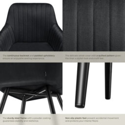 Tectake 1 Chair Marilyn - Velvet Look, Quilted, Continuous Backrest, Slim Steel Legs  - Black/black - thumbnail 5