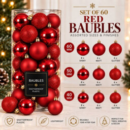 Decoris 60 Red Baubles Shatterproof Christmas Tree Hanging Decoration - thumbnail 4