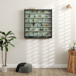 Homcom 7-Tier Wall Display Cabinet W/ Shelves Glass Doors, Black And White - thumbnail 9
