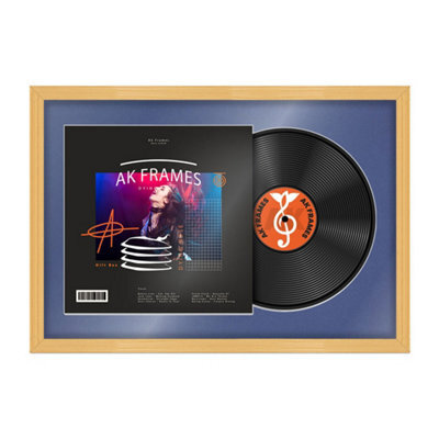 "AK Frames 25X17"" Country Pine Classic Vinyl Record Frame With Blue Mount For 12 Inch Lp Cover & Disc - Overlapped Design" - image 1