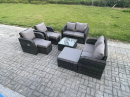 Fimous Garden Furniture Set Rattan Outdoor Lounge Sofa Chair With Tempered Glass Table 3 Footstools Dark Grey Mixed - thumbnail 2