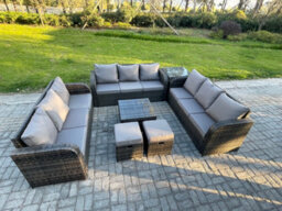 Fimous Rattan Outdoor Furniture Set Patio Garden Sofa Set With Side Table Square Coffee Table 3 Seater Sofa Dark Grey Mixed - thumbnail 1