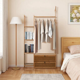 Tawny-31.89 In With Drawer Bamboo Clothes Storage Shelf Garment Rail Rack W/drawers Hooks Hat Hanging Stand - thumbnail 6