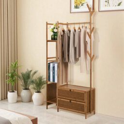 Tawny-31.89 In With Drawer Bamboo Clothes Storage Shelf Garment Rail Rack W/drawers Hooks Hat Hanging Stand - thumbnail 5