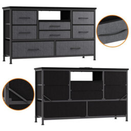 Grey Modern Tv Cabinet With 8 Fabric Drawers Led Lights Power Socket Bedroom Storage - thumbnail 3