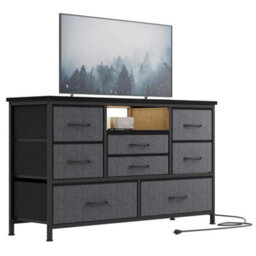 Grey Modern Tv Cabinet With 8 Fabric Drawers Led Lights Power Socket Bedroom Storage - thumbnail 2