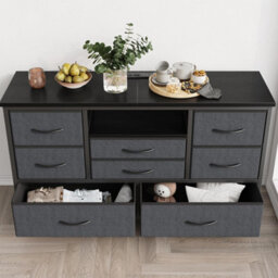 Grey Modern Tv Cabinet With 8 Fabric Drawers Led Lights Power Socket Bedroom Storage - thumbnail 4