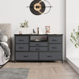 Grey Modern Tv Cabinet With 8 Fabric Drawers Led Lights Power Socket Bedroom Storage - thumbnail 1