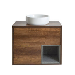 Homestylestore Dark Oak 800mm Wall Hung Bathroom Vanity Unit With Round Countertop Basin And Led Light - thumbnail 1