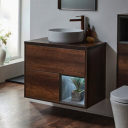 Homestylestore Dark Oak 800mm Wall Hung Bathroom Vanity Unit With Round Countertop Basin And Led Light - thumbnail 3