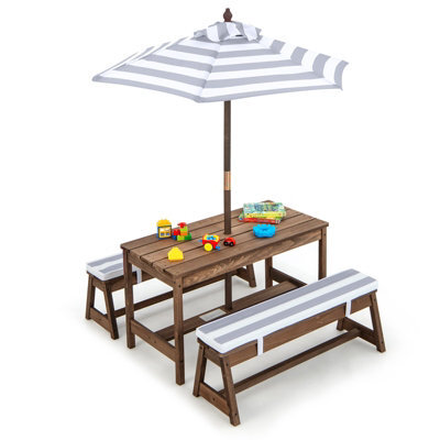 Gainoom Kids Wood Table And Bench Set Indoor Outdoor Activity Picnic Table And Chair Set W/ Umbrella - image 1
