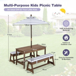 Gainoom Kids Wood Table And Bench Set Indoor Outdoor Activity Picnic Table And Chair Set W/ Umbrella - thumbnail 2