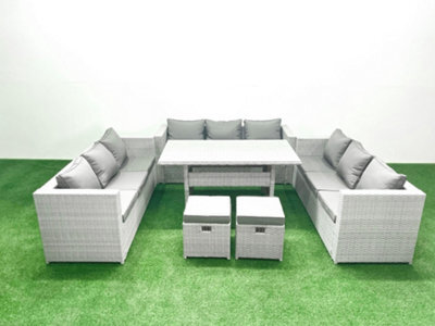 Fimous Rattan Garden Outdoor Furniture Set 11 Seater Garden Sofa Rectangulr Dining Table Set 2 Small Stool Light Grey - image 1