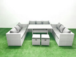 Fimous Rattan Garden Outdoor Furniture Set 11 Seater Garden Sofa Rectangulr Dining Table Set 2 Small Stool Light Grey - thumbnail 1