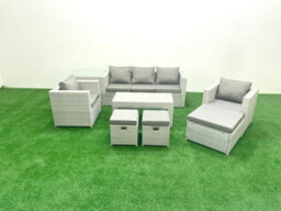 Fimous Rattan Garden Furniture Set 8 Seater Outdoor Garden Sofa Oblong Coffee Table Set 2 Chairs 3 Stools Side Table Light Grey - thumbnail 2