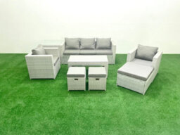 Fimous Rattan Garden Furniture Set 8 Seater Outdoor Garden Sofa Oblong Coffee Table Set 2 Chairs 3 Stools Side Table Light Grey - thumbnail 1
