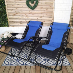 Samuel Alexander Set Of 2 Luxury Padded Multi Position Zero Gravity Garden Relaxer Chair Lounger In Blue & Black - thumbnail 3