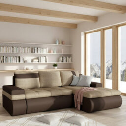 Oslo Mini Living Room Corner Sofa Bed Has Storage Hr Foam Wave Springs Wooden Frame 245X182X90Cm Beige And Brown Right - thumbnail 1