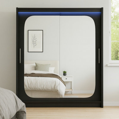 Bega Viii 180 Cm Sliding Doors Wardrobe With Hanging Rail Shelves And Mirror Black With Led Lights - image 1