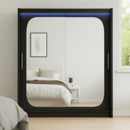 Bega Viii 180 Cm Sliding Doors Wardrobe With Hanging Rail Shelves And Mirror Black With Led Lights - thumbnail 1