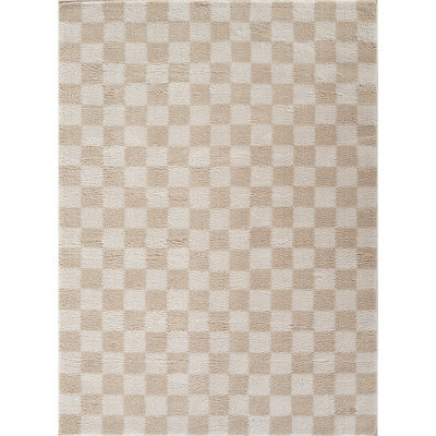 Livabliss Fossay Shaggy-Washable Beige High Pile Checkered Living Bedroom Rug 140 X 200 Cm Easy Care, Non Shedding - image 1