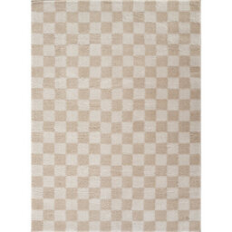 Livabliss Fossay Shaggy-Washable Beige High Pile Checkered Living Bedroom Rug 140 X 200 Cm Easy Care, Non Shedding - thumbnail 1