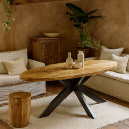 Wyld Haus California Solid Mango Wood Oval Dining Table   6 Seater, Black Metal Legs - thumbnail 1