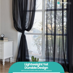 "Neel Blue Voile Curtains Slot Top, 2 Curtains, Black - 56"" Width X 90"" Drop" - thumbnail 9