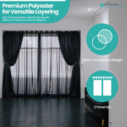 "Neel Blue Voile Curtains Slot Top, 2 Curtains, Black - 56"" Width X 90"" Drop" - thumbnail 5