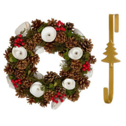 Dibor 36Cm White Berries And Roses Front Door Christmas Wreath With Tree Wreath Hanger