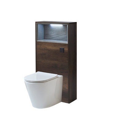 Homestylestore 600mm Dark Oak Wc Unit Led Lit Shelf Toilet With Black Flush Button - image 1