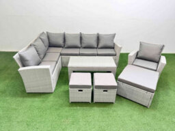Fimous Rattan Garden Furniture Set Outdoor 10 Seater Corner Sofa Sets With Oblong Coffee Table Chair 3 Footstools Light Grey Mixed - thumbnail 2