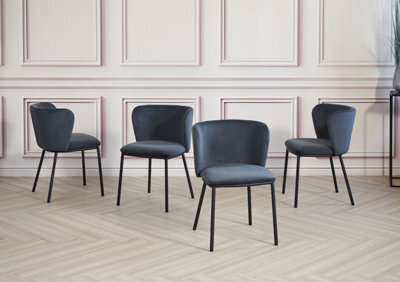 Set Of 4 Midnight Blue Velvet Dining Chairs, Upholstered Kitchen Side Chairs With Curved Ergonomic Back & Black Metal Legs - image 1