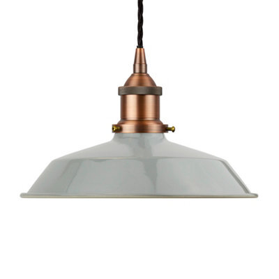 French Grey Small Trinity Metal Painted Dome Pendant Light With Matt Antique Copper Lamp Holder And Black Twisted Cable - Se Home - image 1